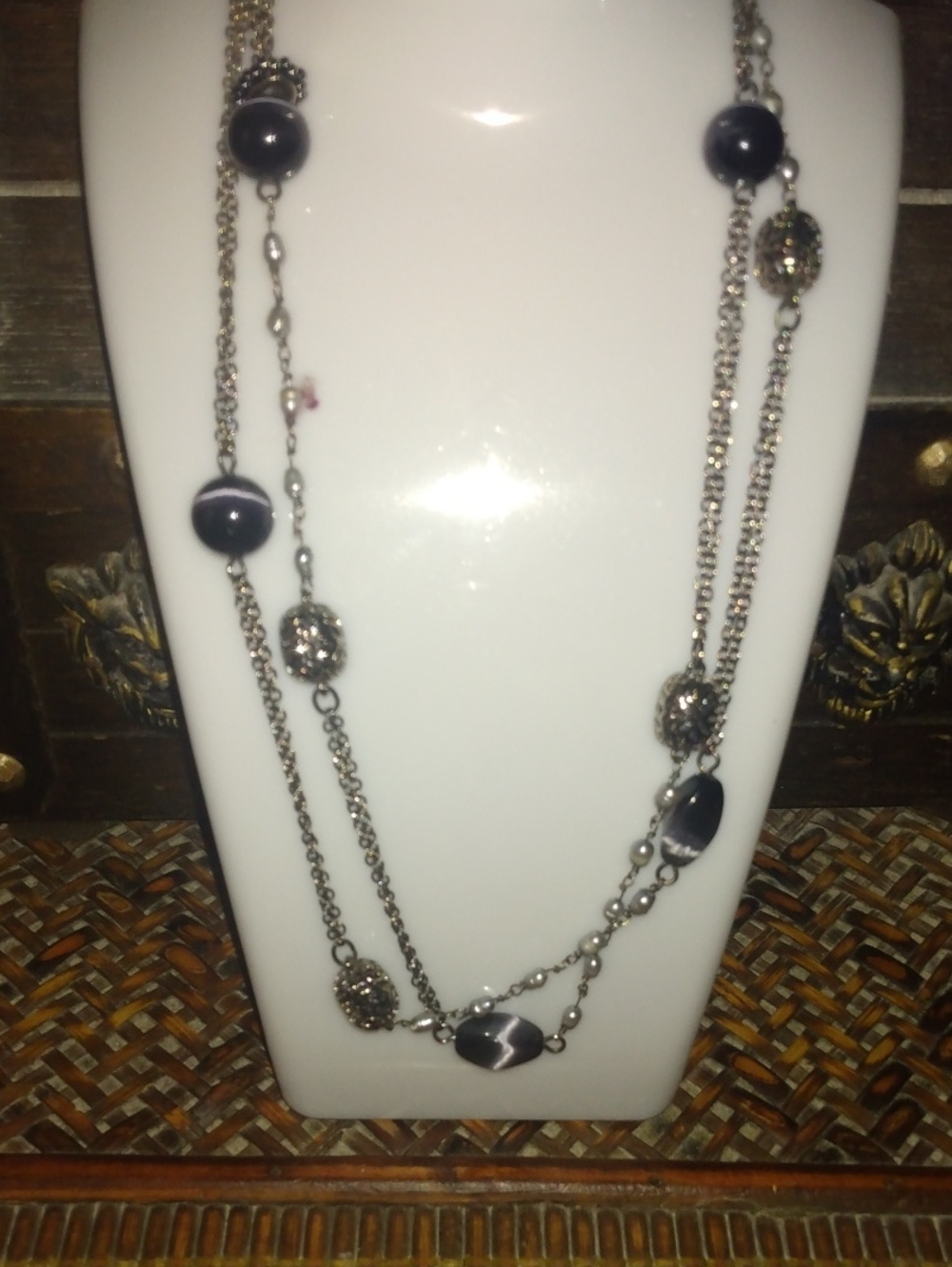 Charming Charlie Black and Silver Multi-Strand Necklace Cat Eye Black Beads